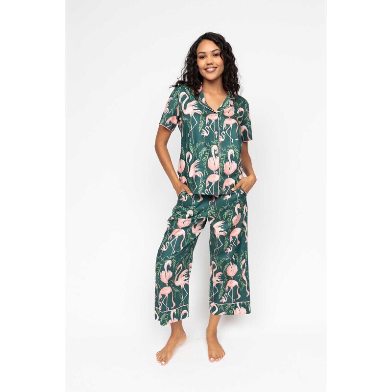 Cyberjammies Emerald Green Flamingo Print Short Sleeve Pyjama Top image number 2